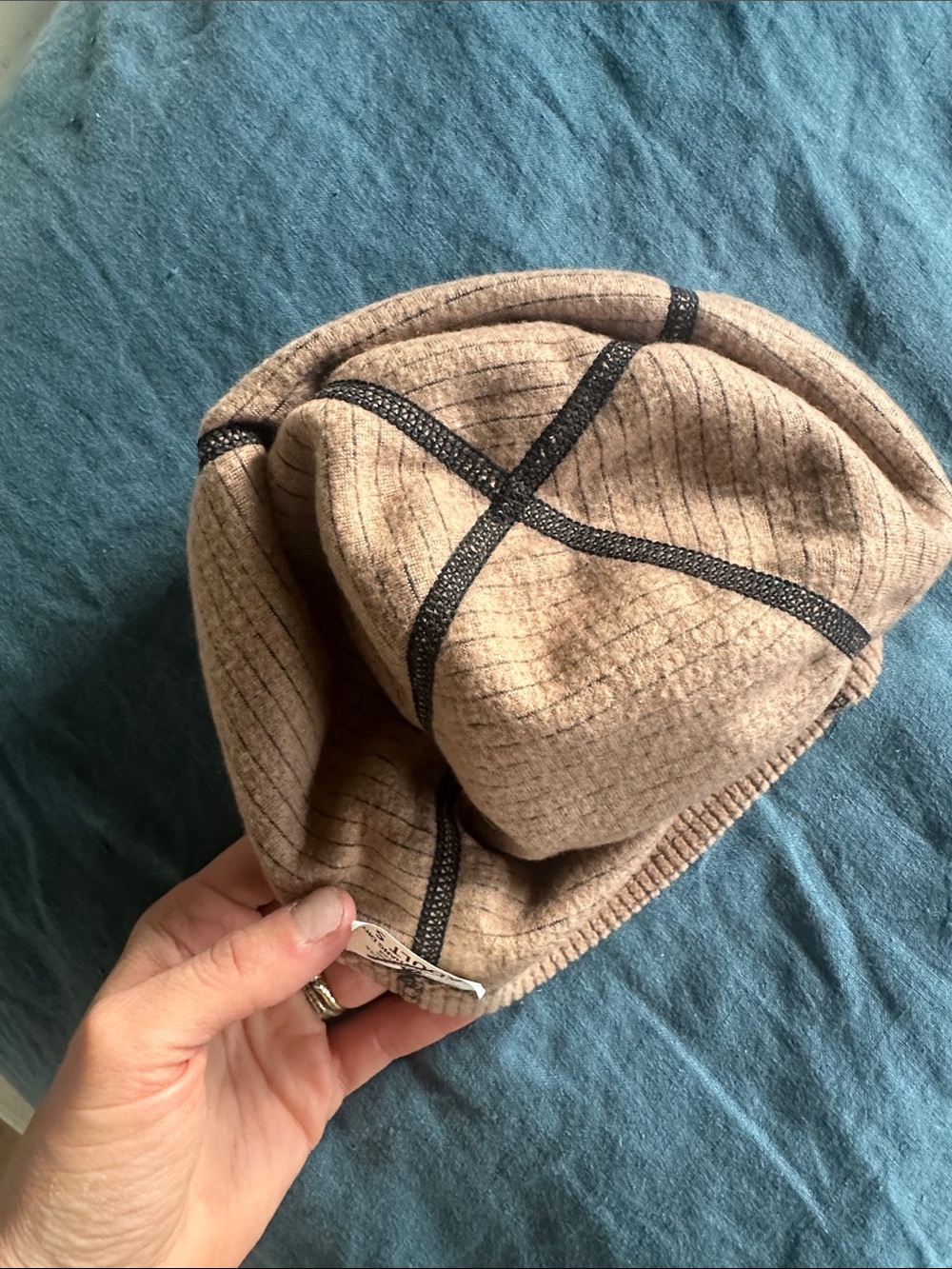 NWOT Melanzana Tan Waffle Knit Beanie with Purple Logo - Picture 4 of 5